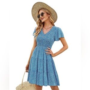 SOLD!!! iHot Floral Smocked Bodice Flutter Sleeve V Neck Spring Summer Dress M